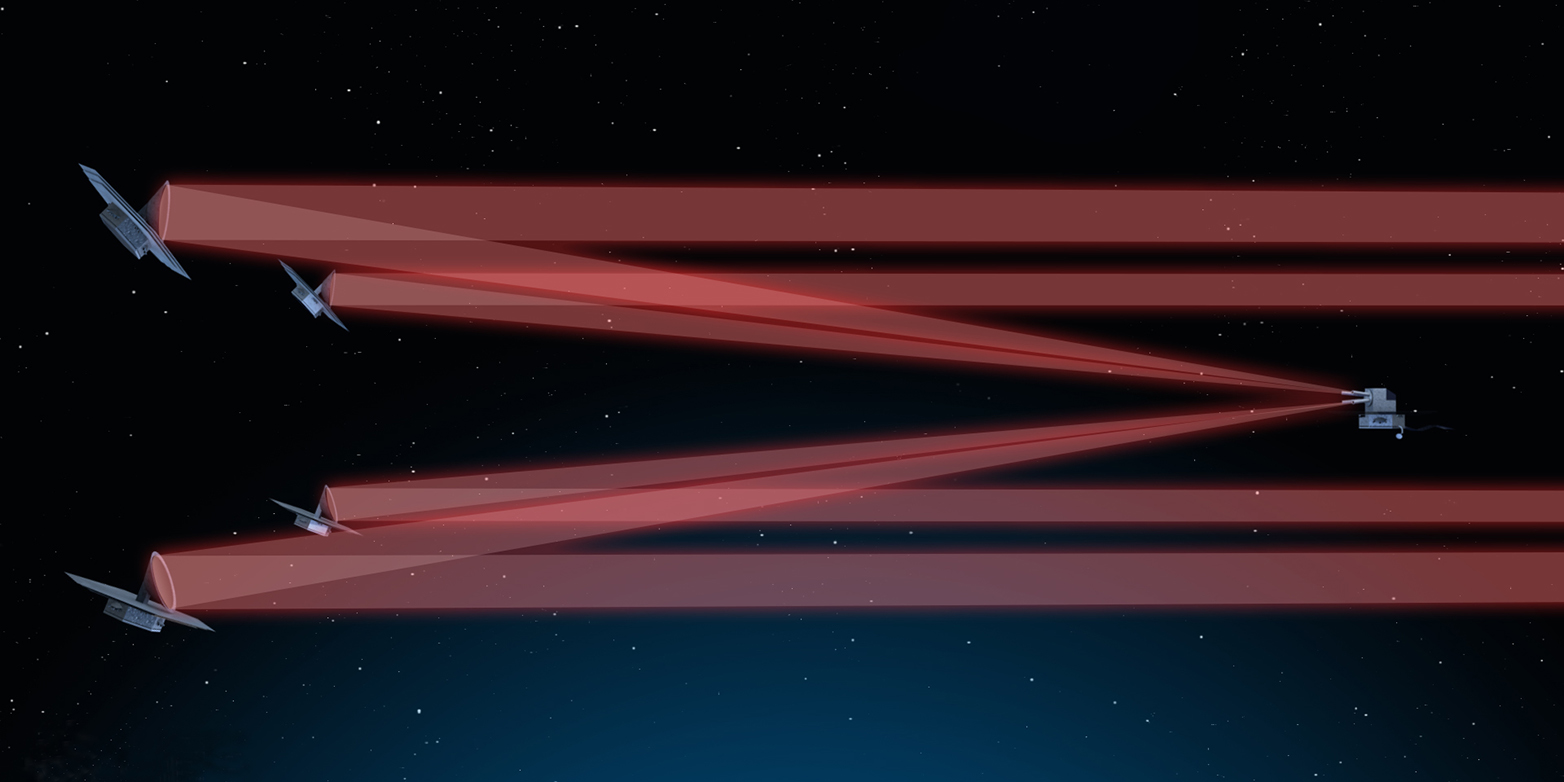 Illustration of 5 satellites flying in formation. These satellites are part of the telescope.