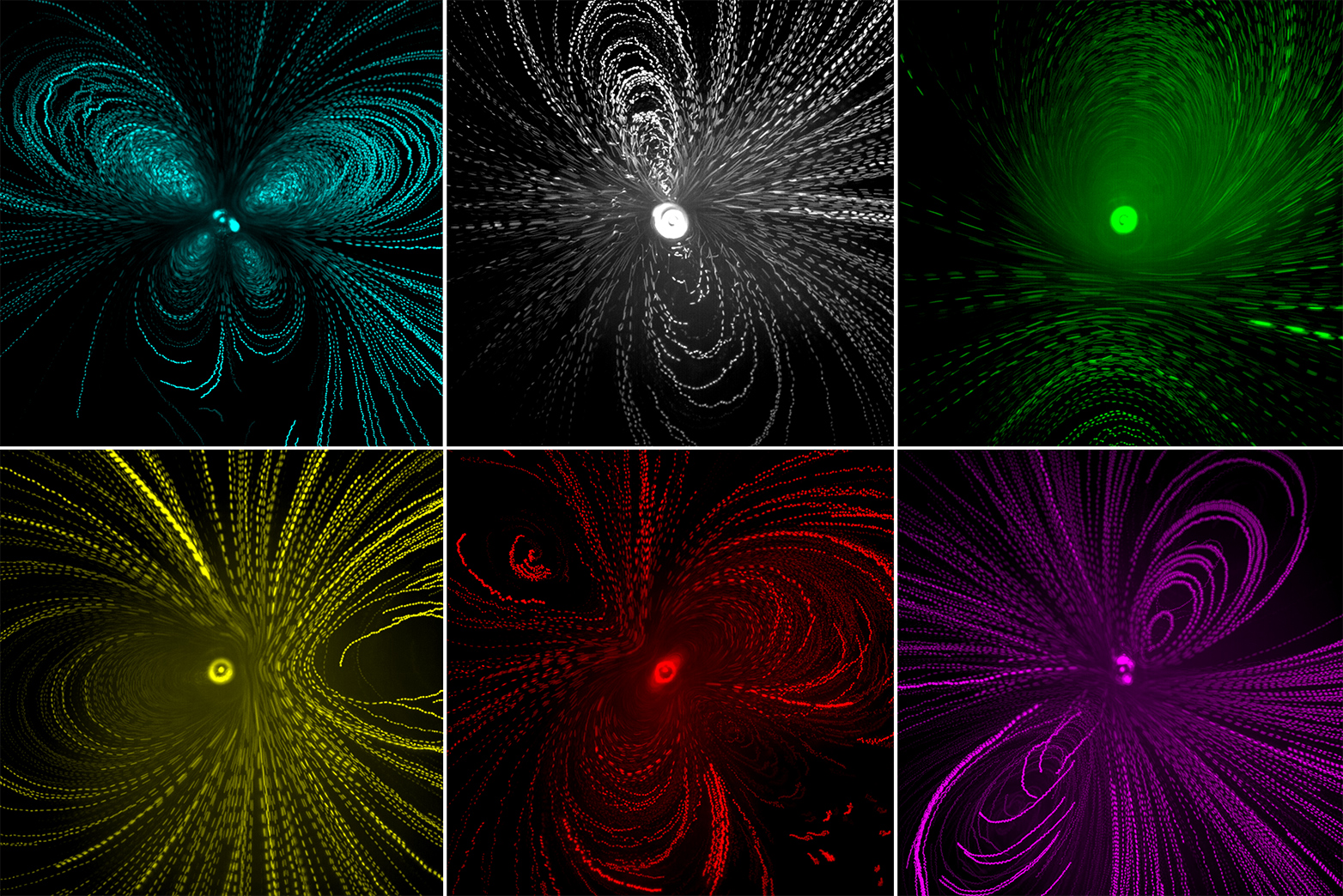 Six vortex patterns in different colors (top from left to right: blue, white, green; bottom from left to right: yellow, red, magenta).