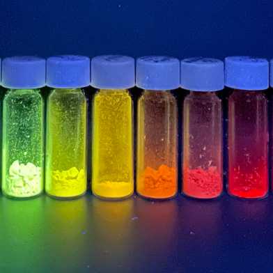 Small jars with fluorescent substances. These glow in rainbow colours.