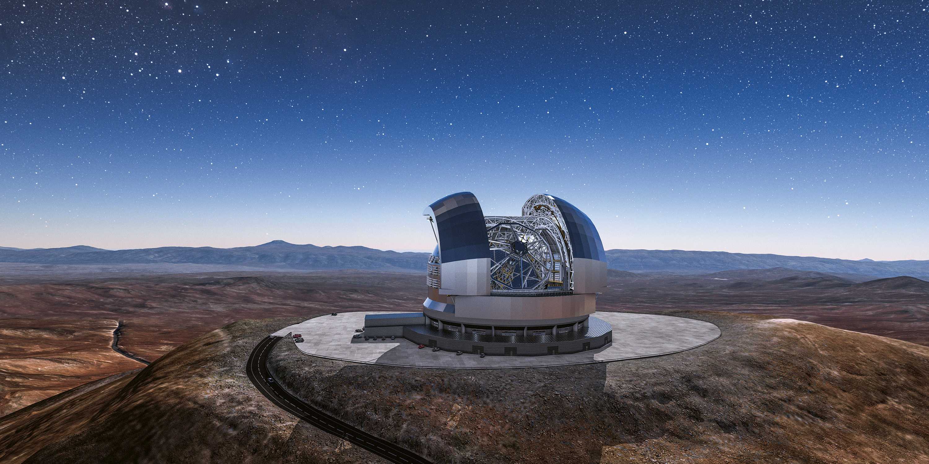 An artist's rendering of the Extremely Large Telecope (ELT) in the desert.
