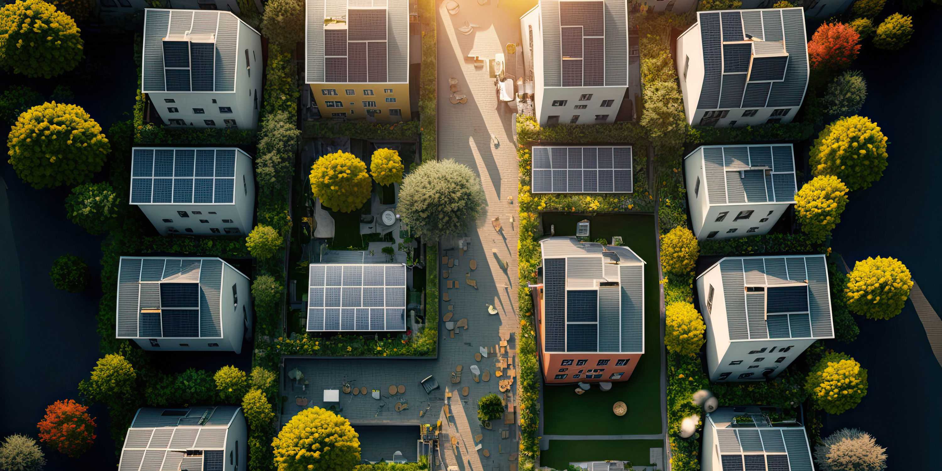 Bird's eye view of the housing estate, solar panels on the roofs of the houses.