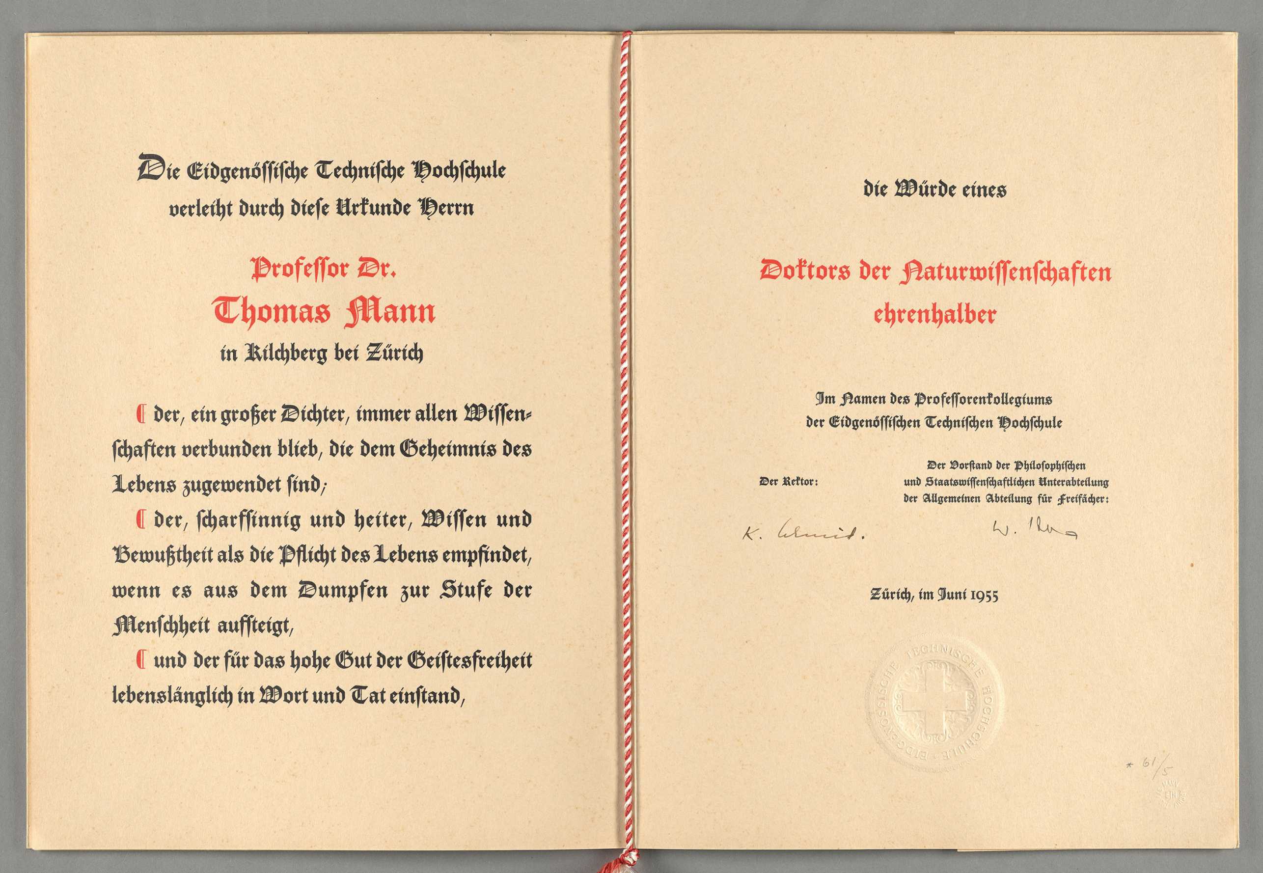 Enlarged view: The honorary doctorate certificate of Thomas Mann