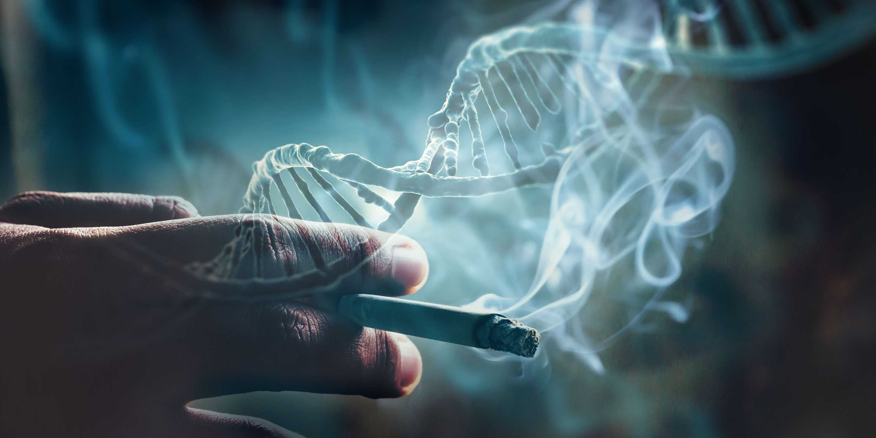 The image shows a hand holding a cigarette. Above it are strands of DNA that appear to be shimmering through.