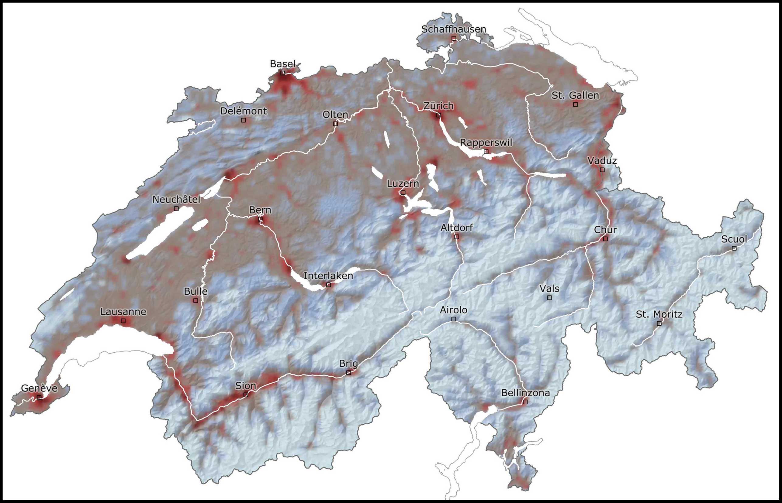 Enlarged view: risk map of Switzerland. Areas with high risk are colored red, areas with low risk are colored light blue.