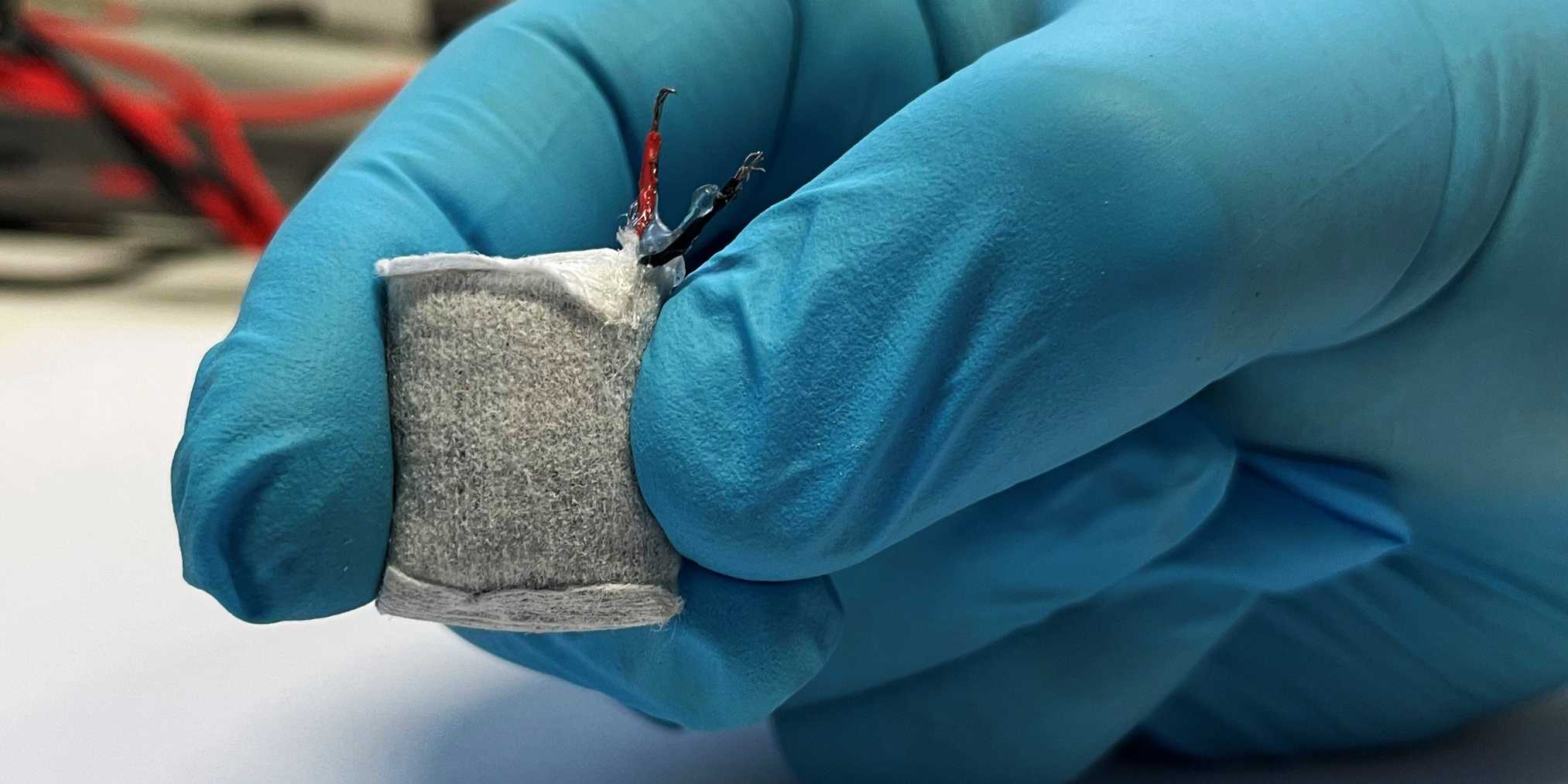 The fuel cell in the bag in a hand with a blue laboratory glove.