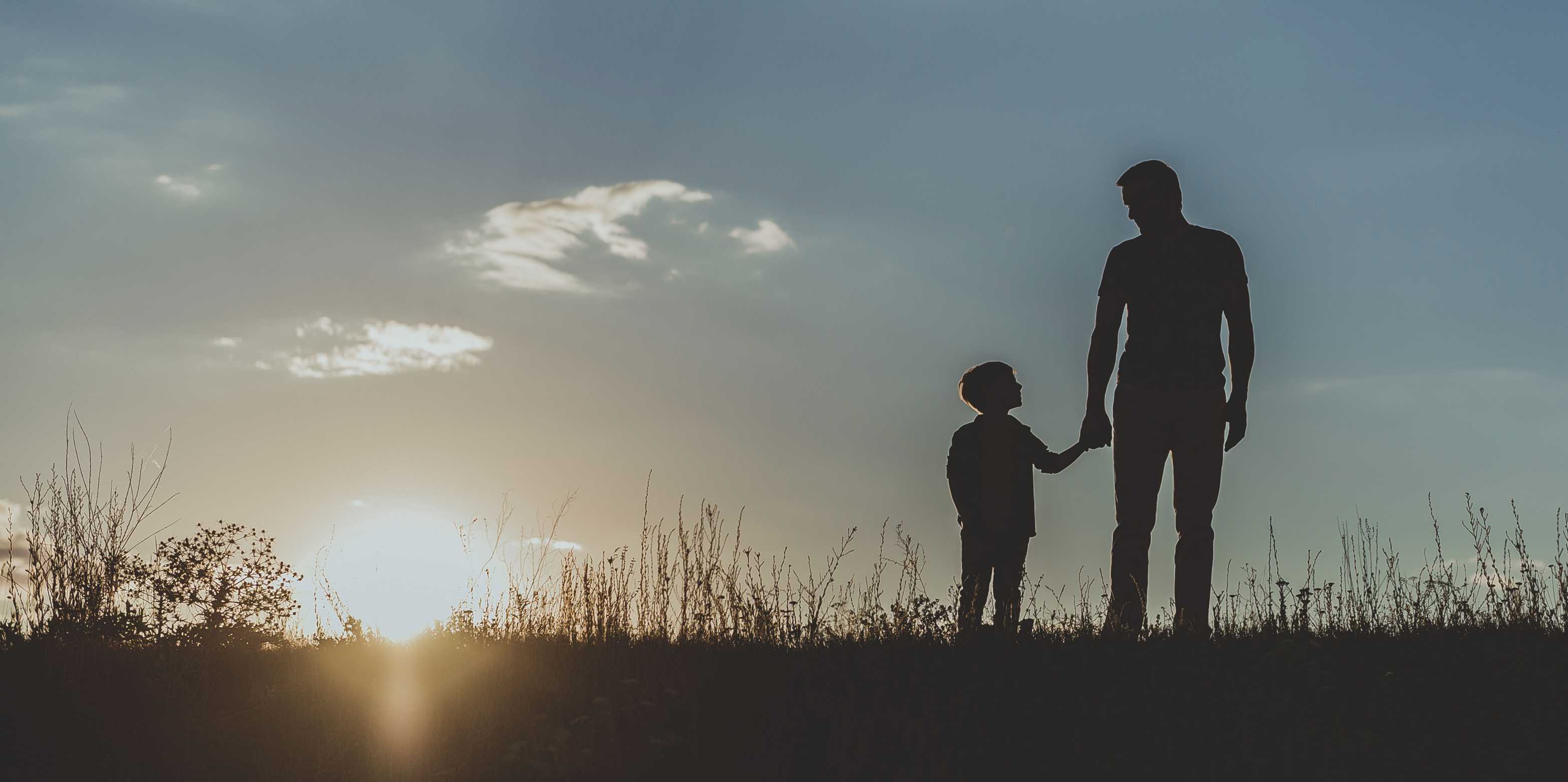 Sunrise or sunset in the background, in the foreground father and son holding hands in a meadow.