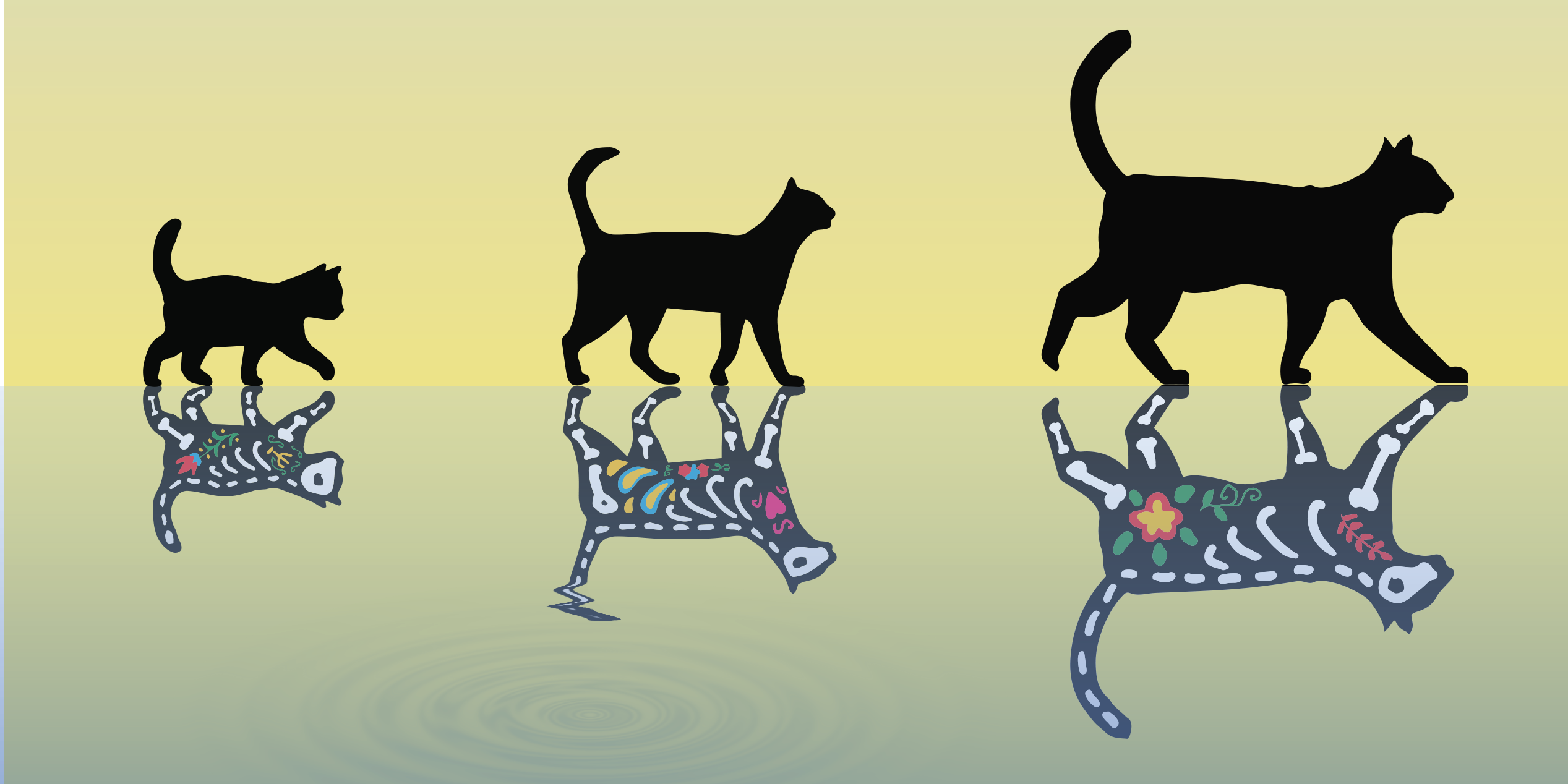 Artistic illustration of three cats and their mirror images to symbolise Schroedinger Cats