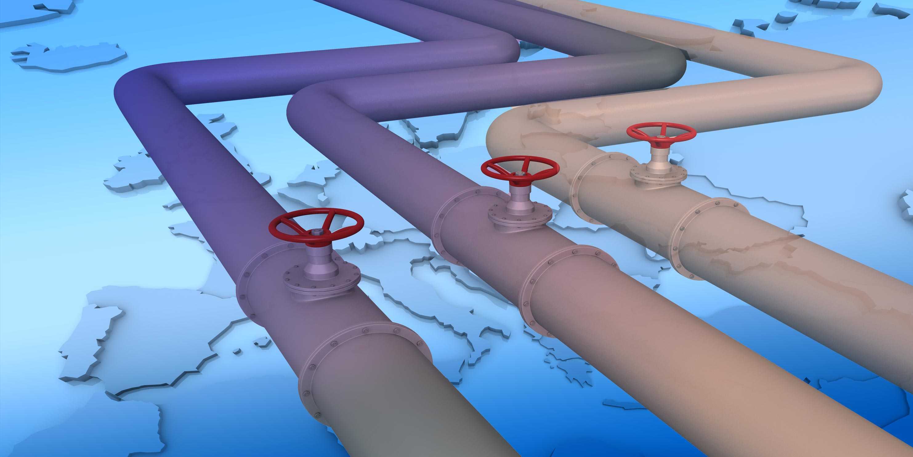 In the background a map of Europe (blue) in the foreground gas pipelines running across the map.