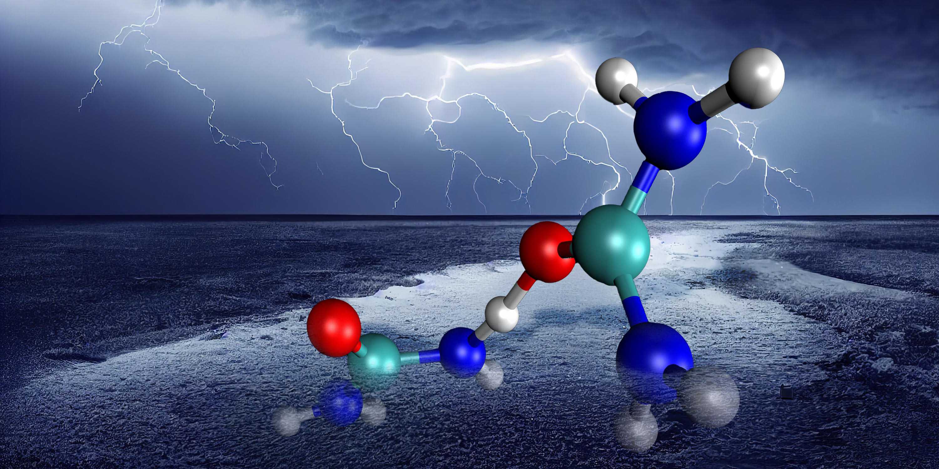 Visualization molecules in the foreground, in the background a thunderstorm