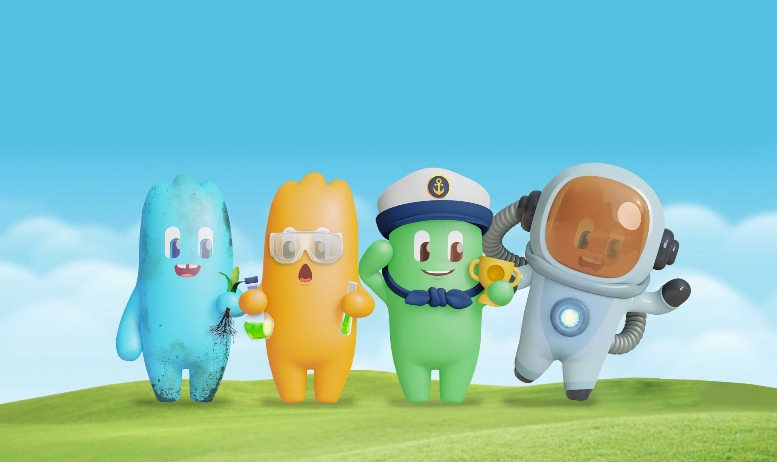 Four morphs on a meadow: the blue one with a plant in his hand, the yellow one with chemical utensils, the green one as a captain and the purple one as an astronaut (l.t.r.)