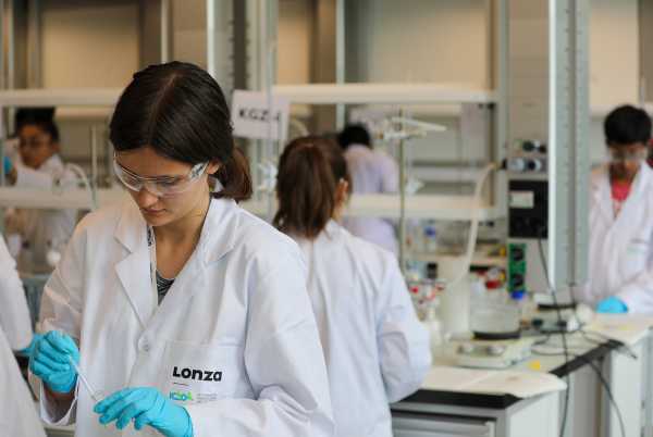 A participant concentrates while working in the lab.