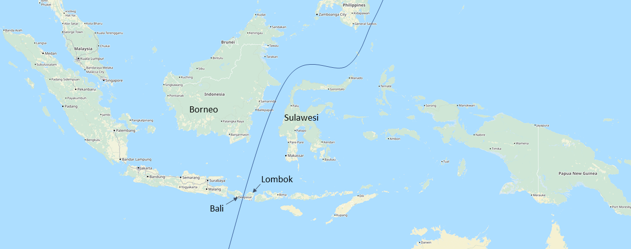 Enlarged view: Map on which the Wallace Line is recognizable. The lines passes between Borneo and Sulawesi.