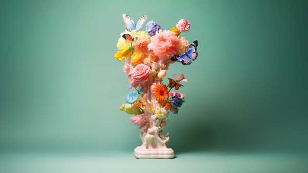 Pastel bouquet of flowers on a pedestal