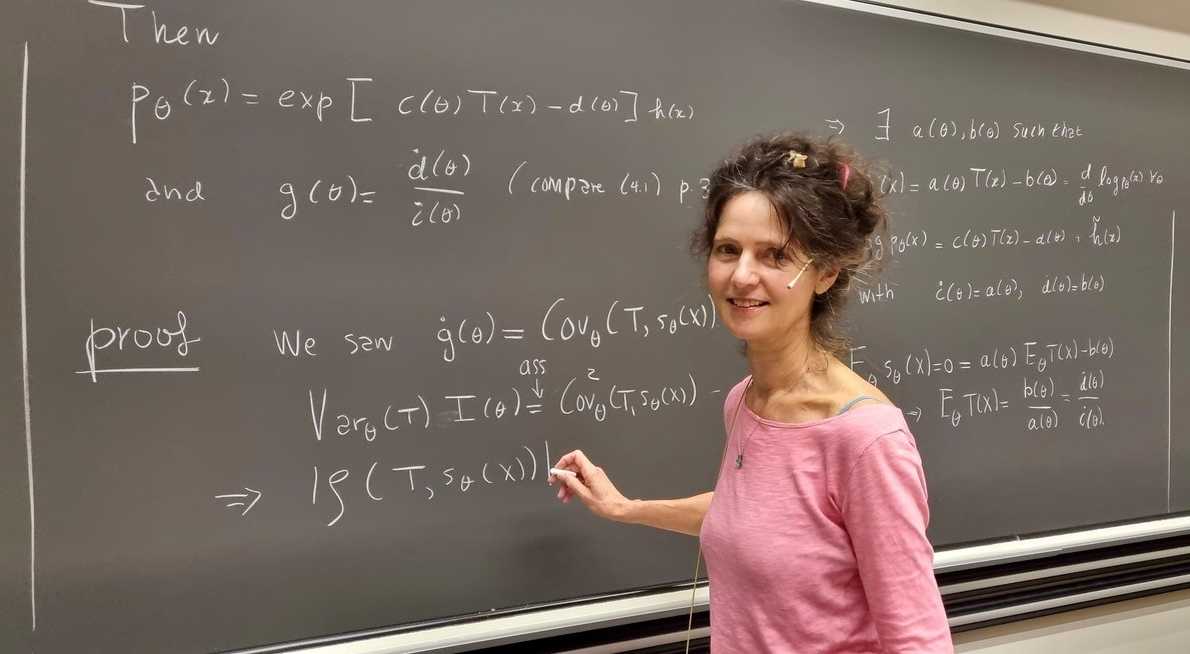 Sara van de Geer in front of a blackboard on which she has written mathematical formulas.