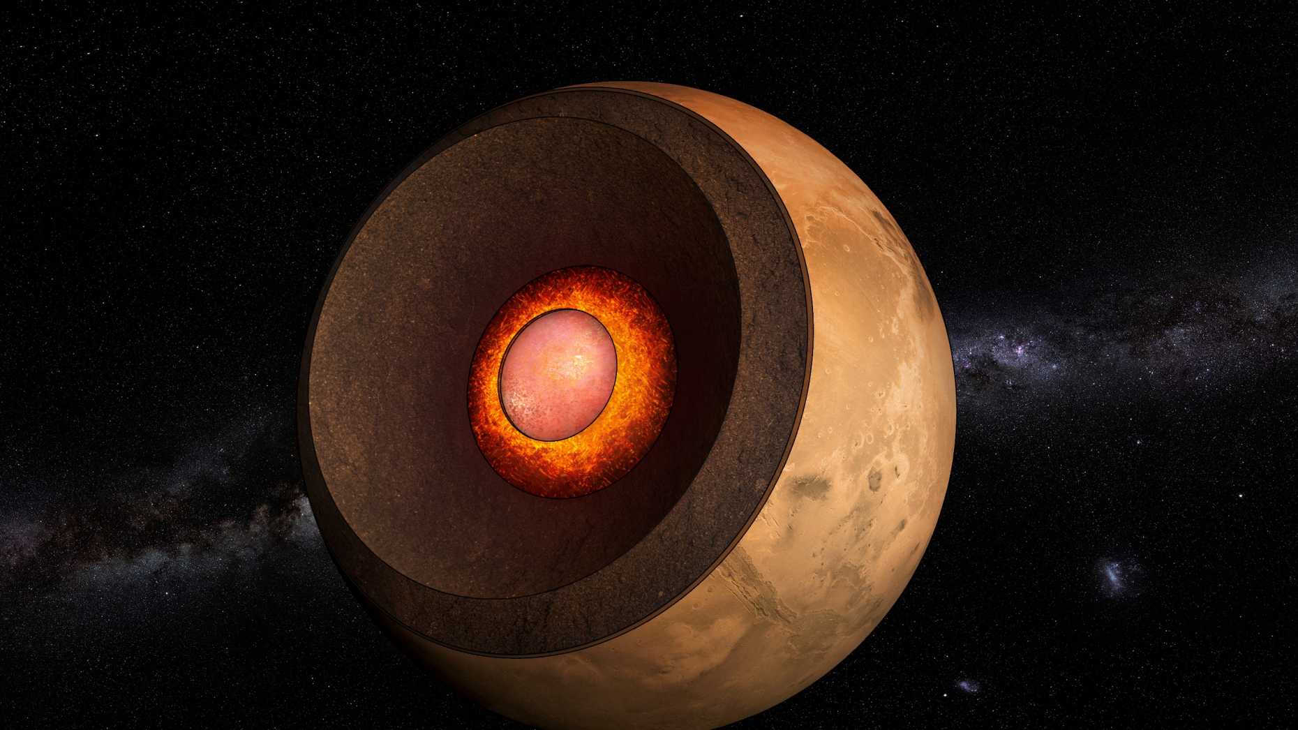 Illustration, Mars cut open so that the nucleus is visible in the center