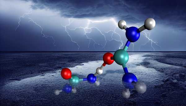 Visualization of molecules in the foreground, a thunderstorm in the background