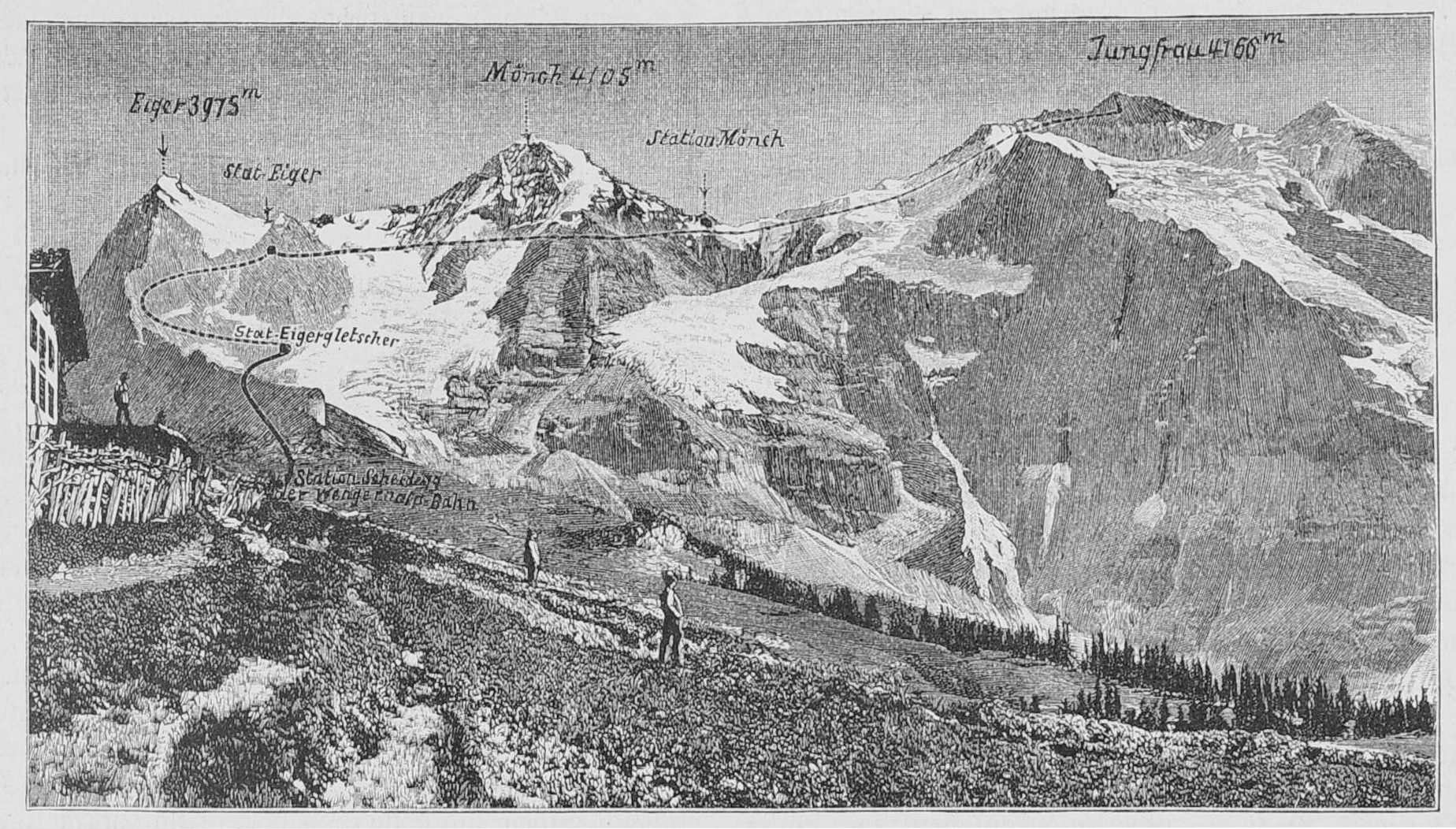 Enlarged view: Old black and white picture of the mountains showing the planned construction project