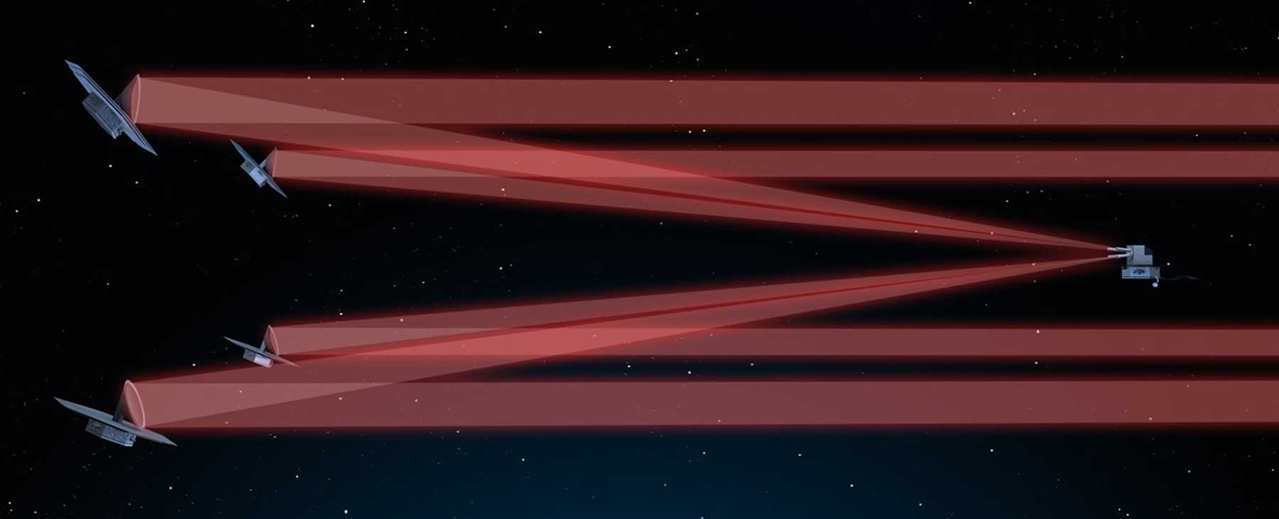 Five satellites connected by red laser beams.