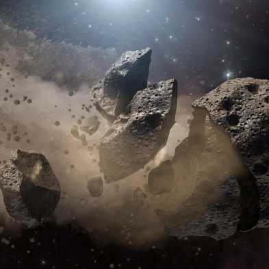 Shattering asteroid in space, smoking dust