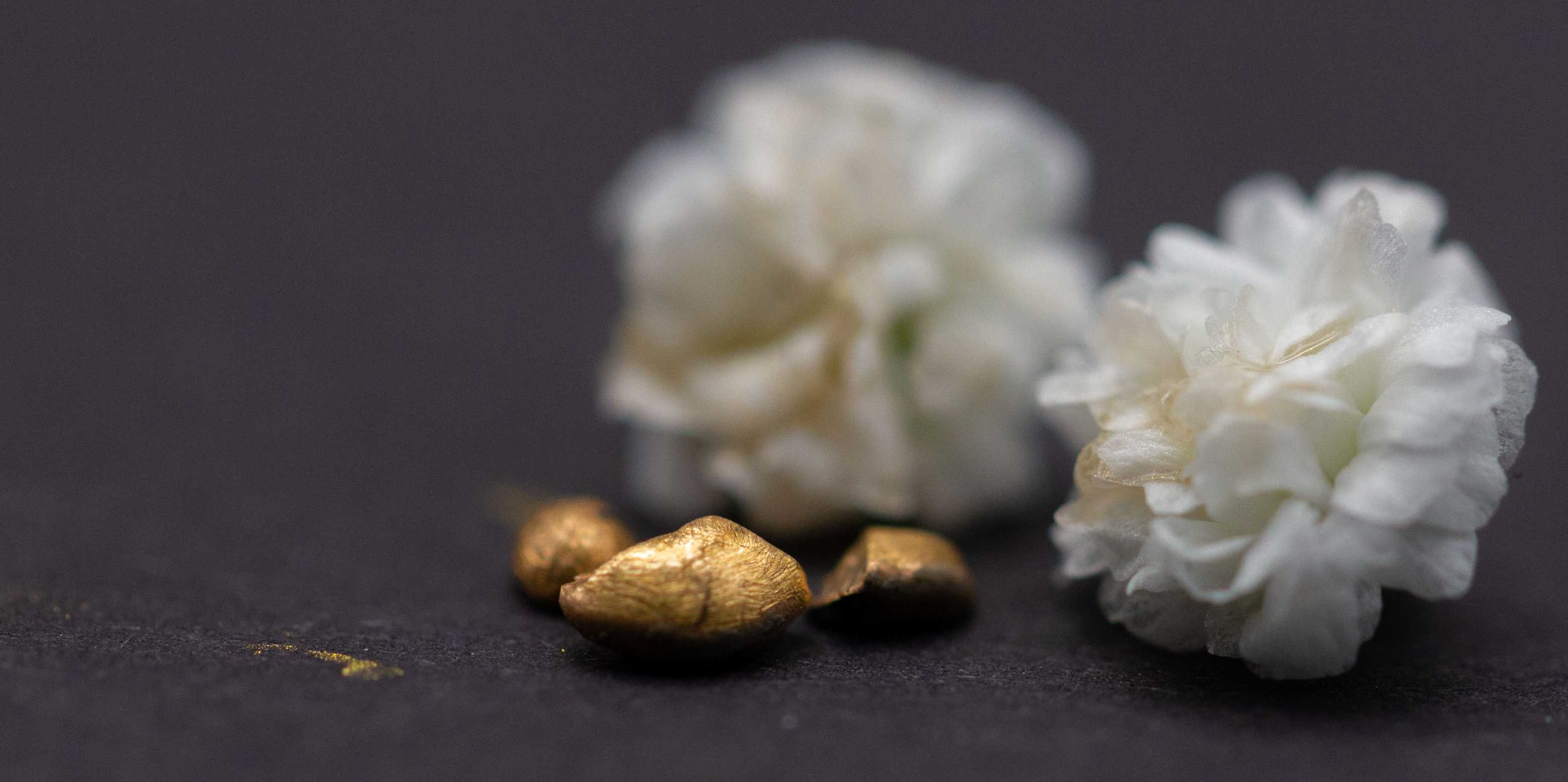 Three small gold nuggets sit on a gray surface.