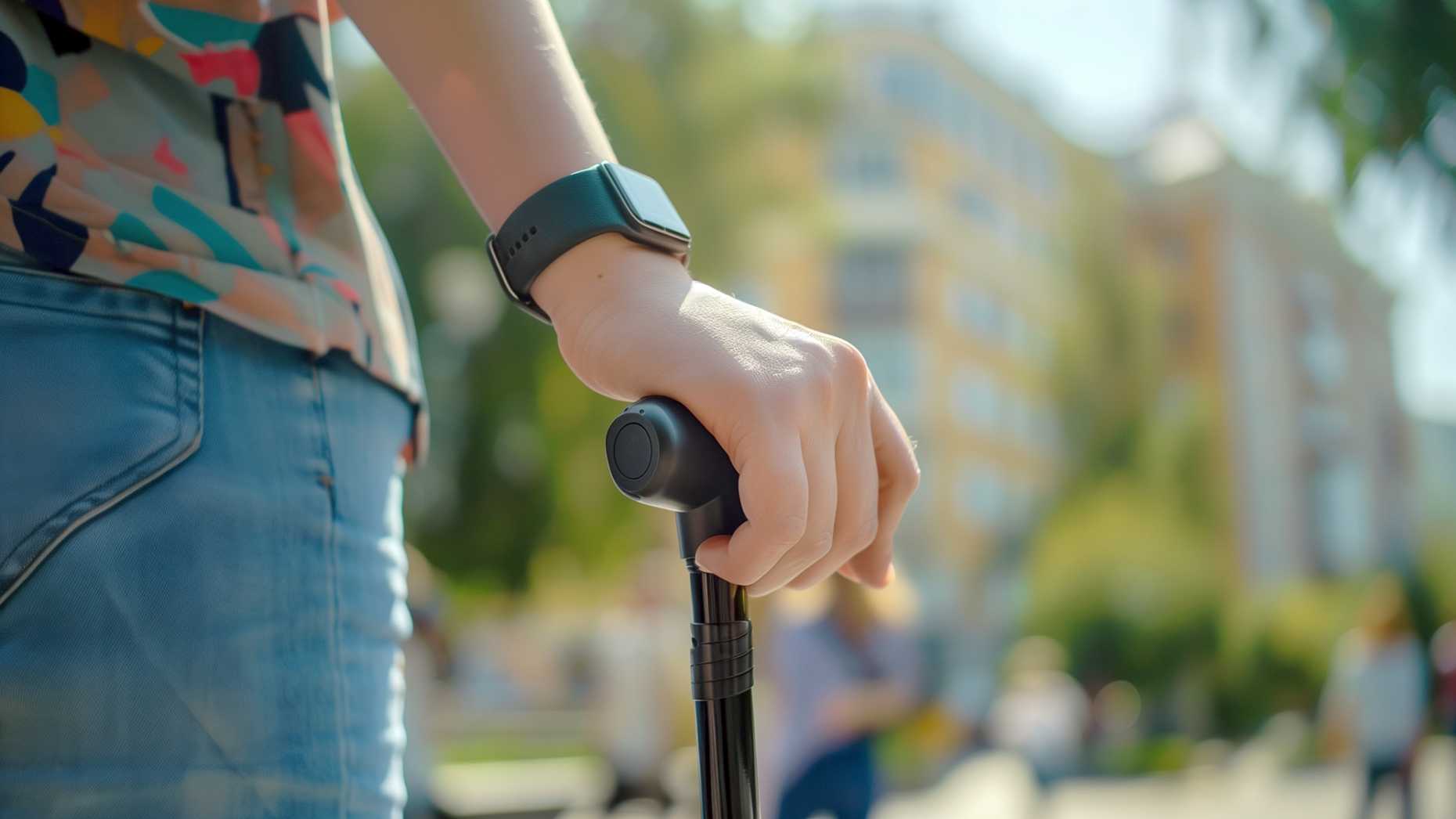 A person's hand is visible, wearing a smartwatch and holding a walking stick.