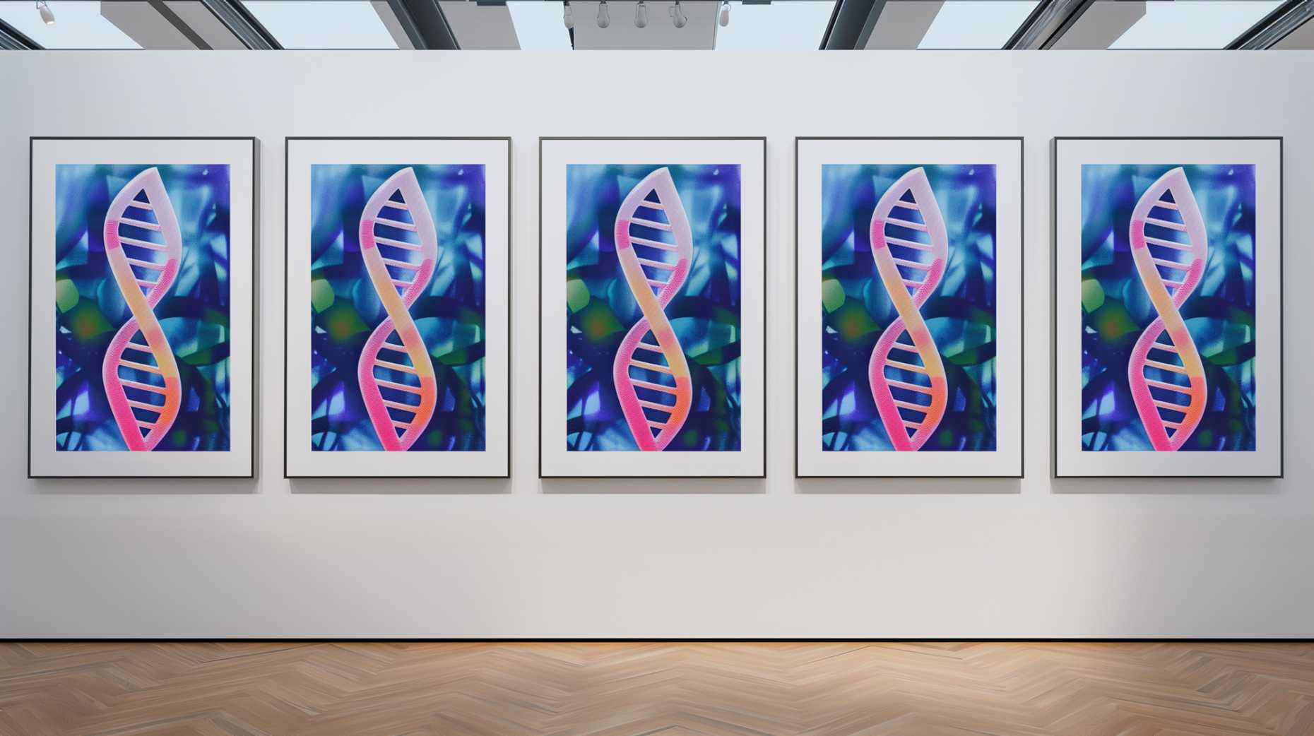 Five identical artworks showing a DNA double helix each.