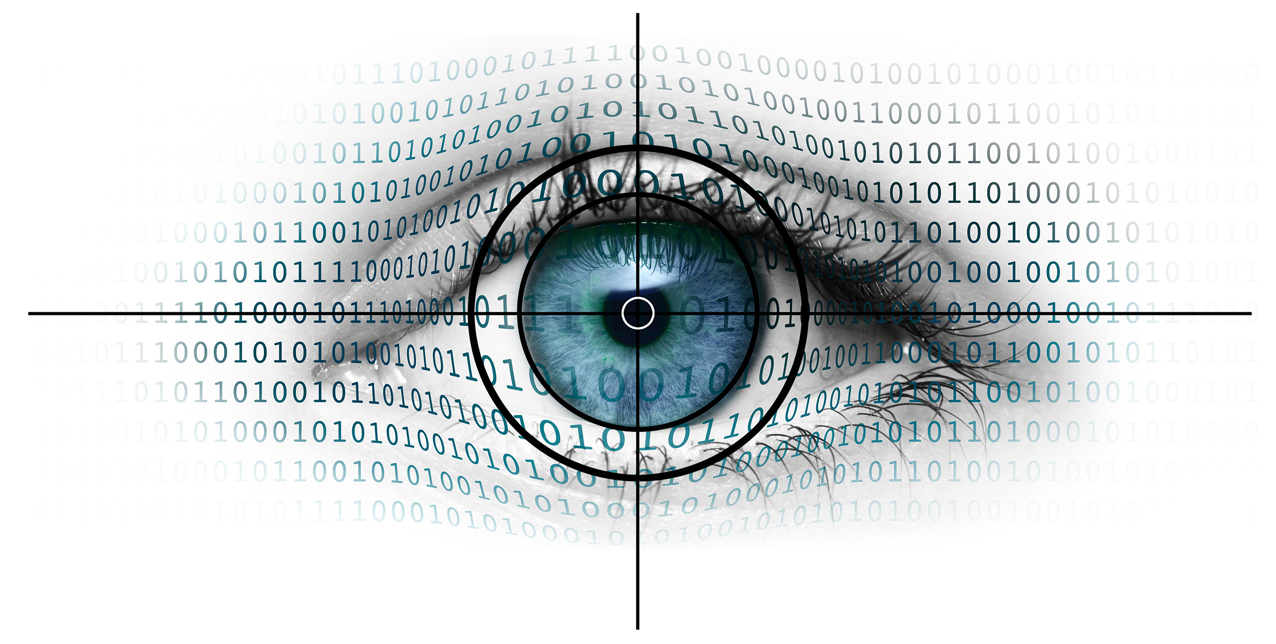 Blue eye above which a “targeting” can be seen as well as strings of zeros and ones.