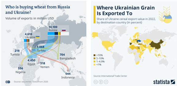 Map that shows where in the world Ukrainian and Russian wheat is bought