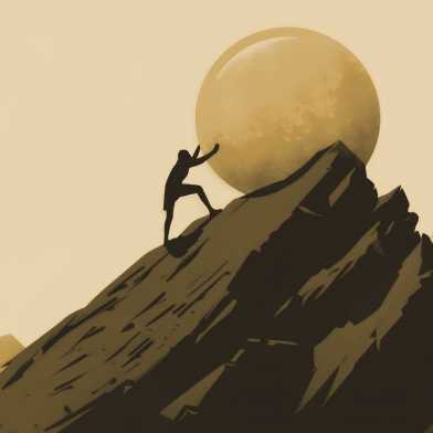 Sisyphus rolling a stone up a mountain