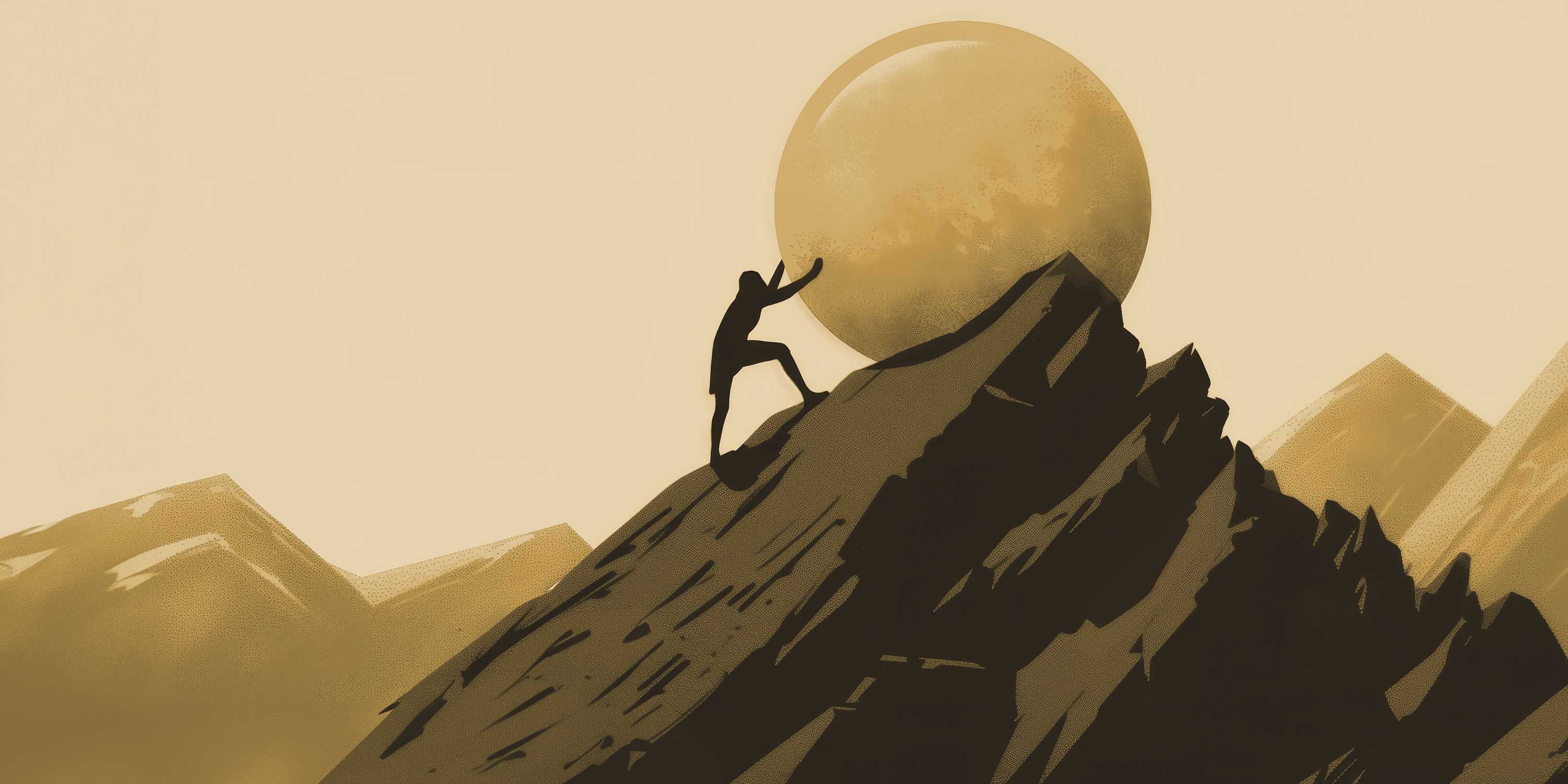 Sisyphus rolling a stone up a mountain