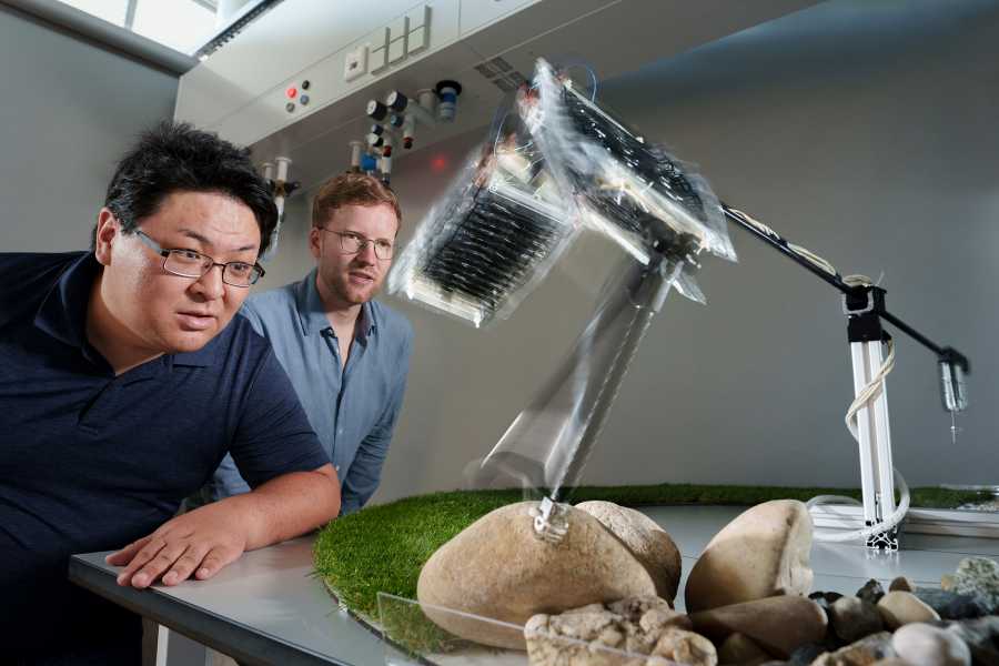 Enlarged view: Fukushima and Buchner observe the movement of the robot leg in the laboratory on an artificial replica landscape