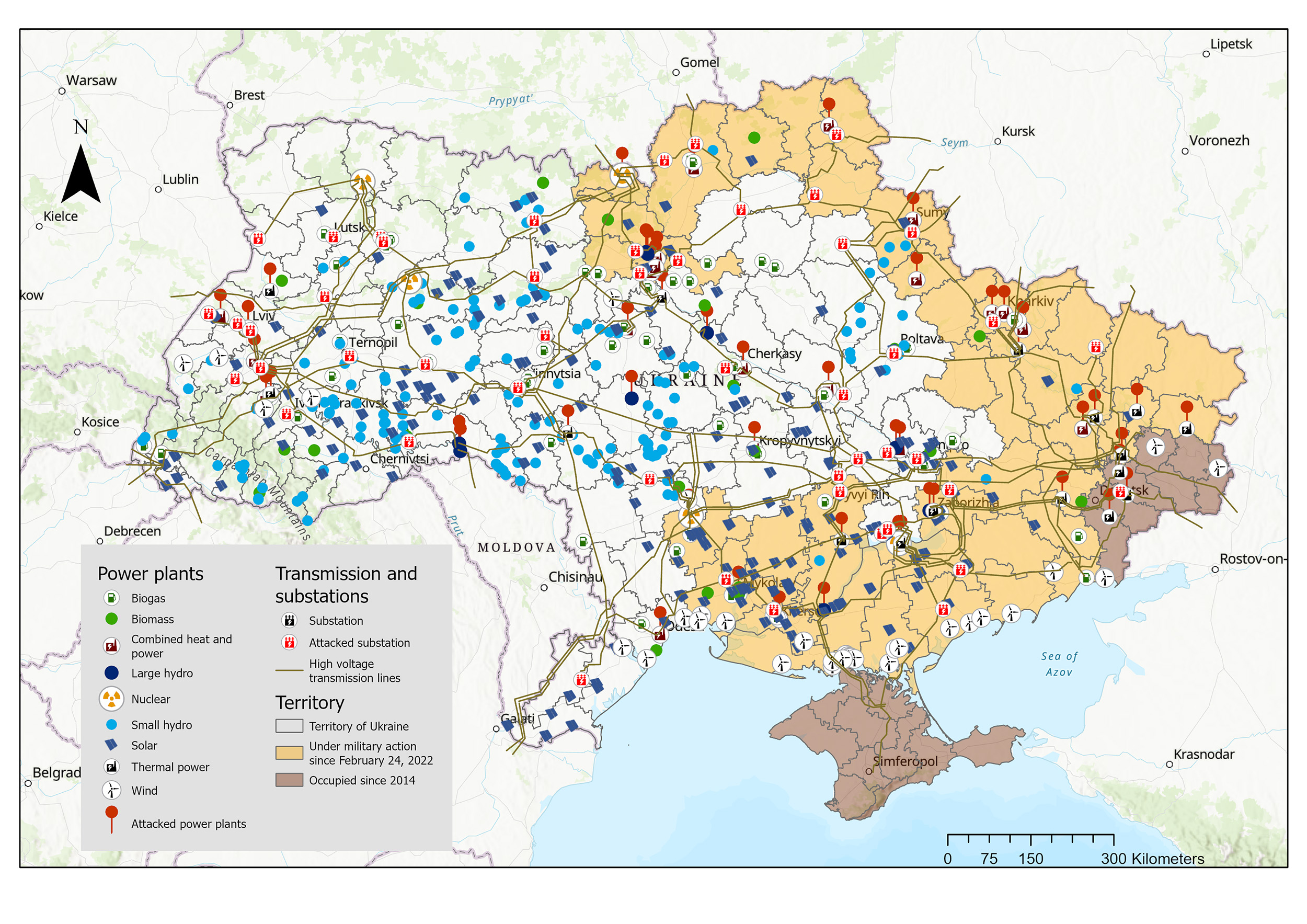 Enlarged view: Map of Ukraine showing power plants, transmission and transformer stations and the current war zones.