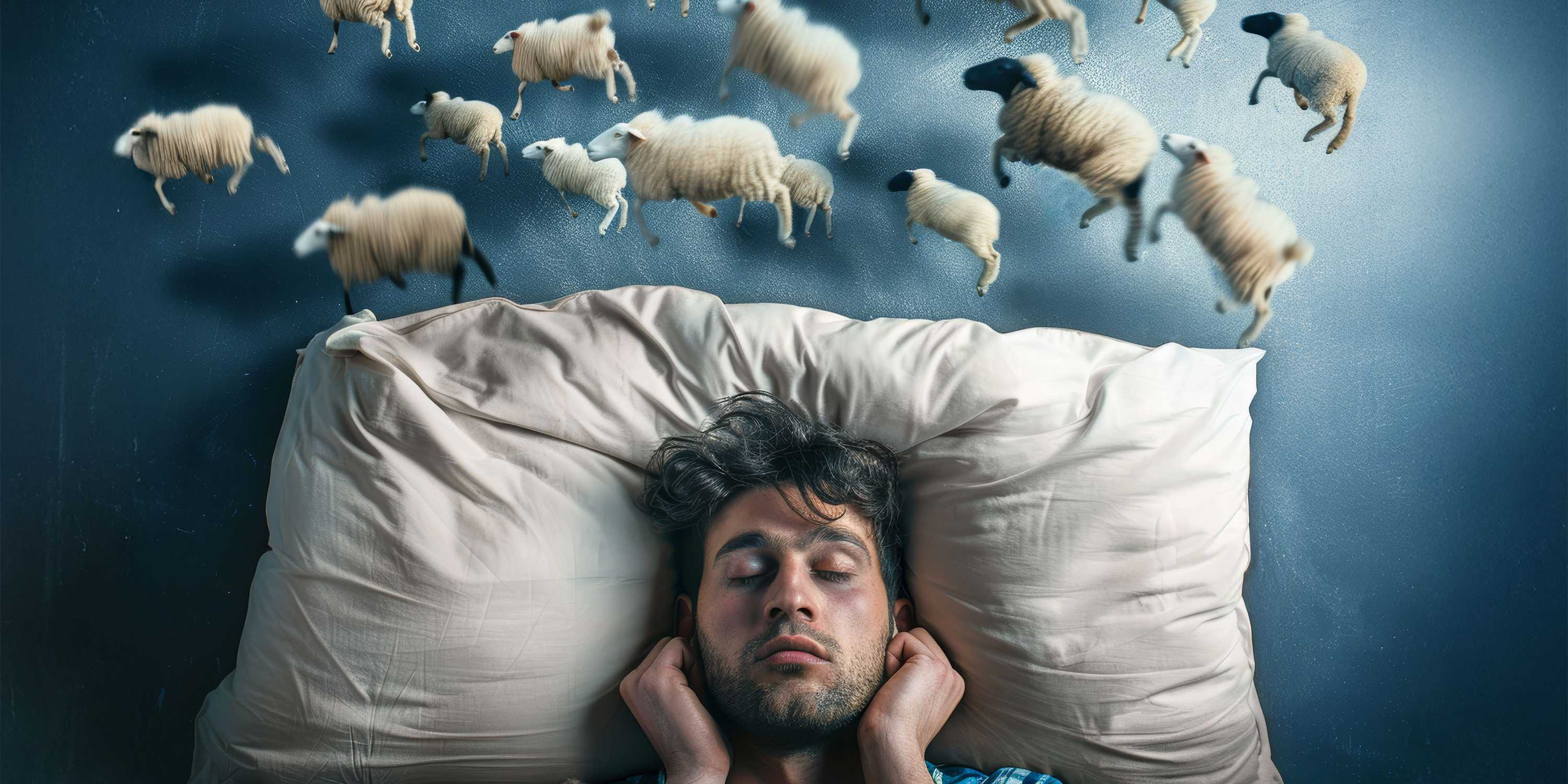 Man lying in bed, fingers in ears, sheep above pillow, jumping from right to left