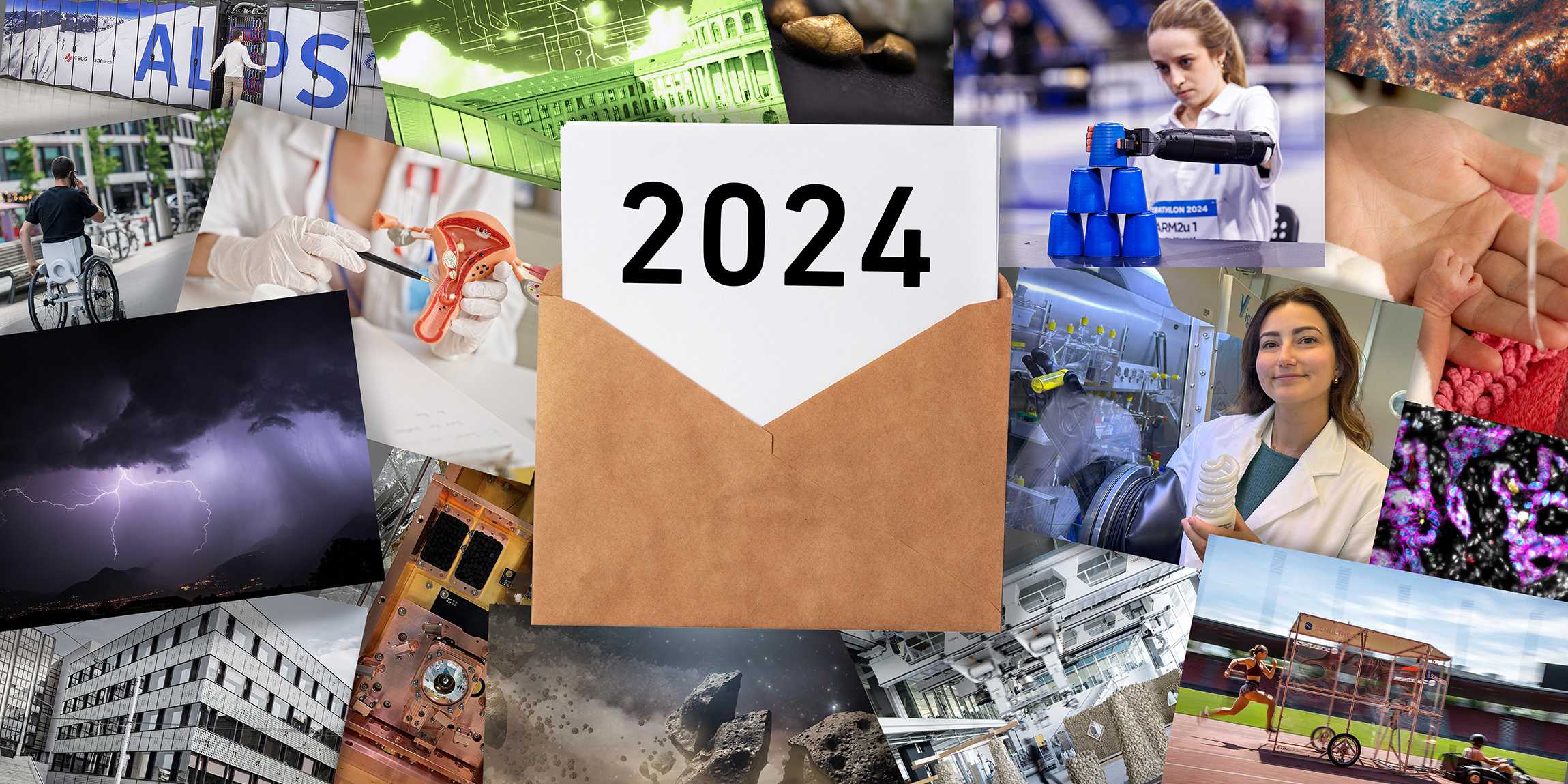 Envelope from which a paper with the year 2024 protrudes, in the background various pictures of events and discoveries at ETH Zurich