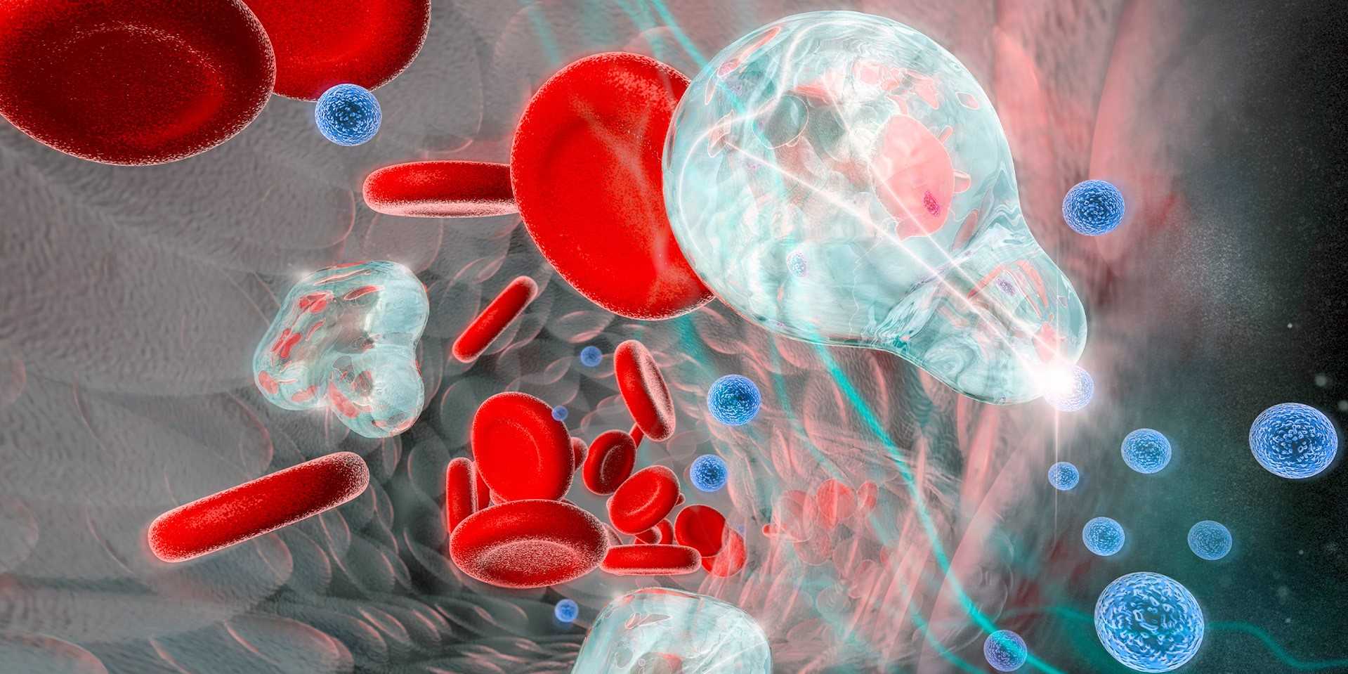 Blood cells and blue spheres