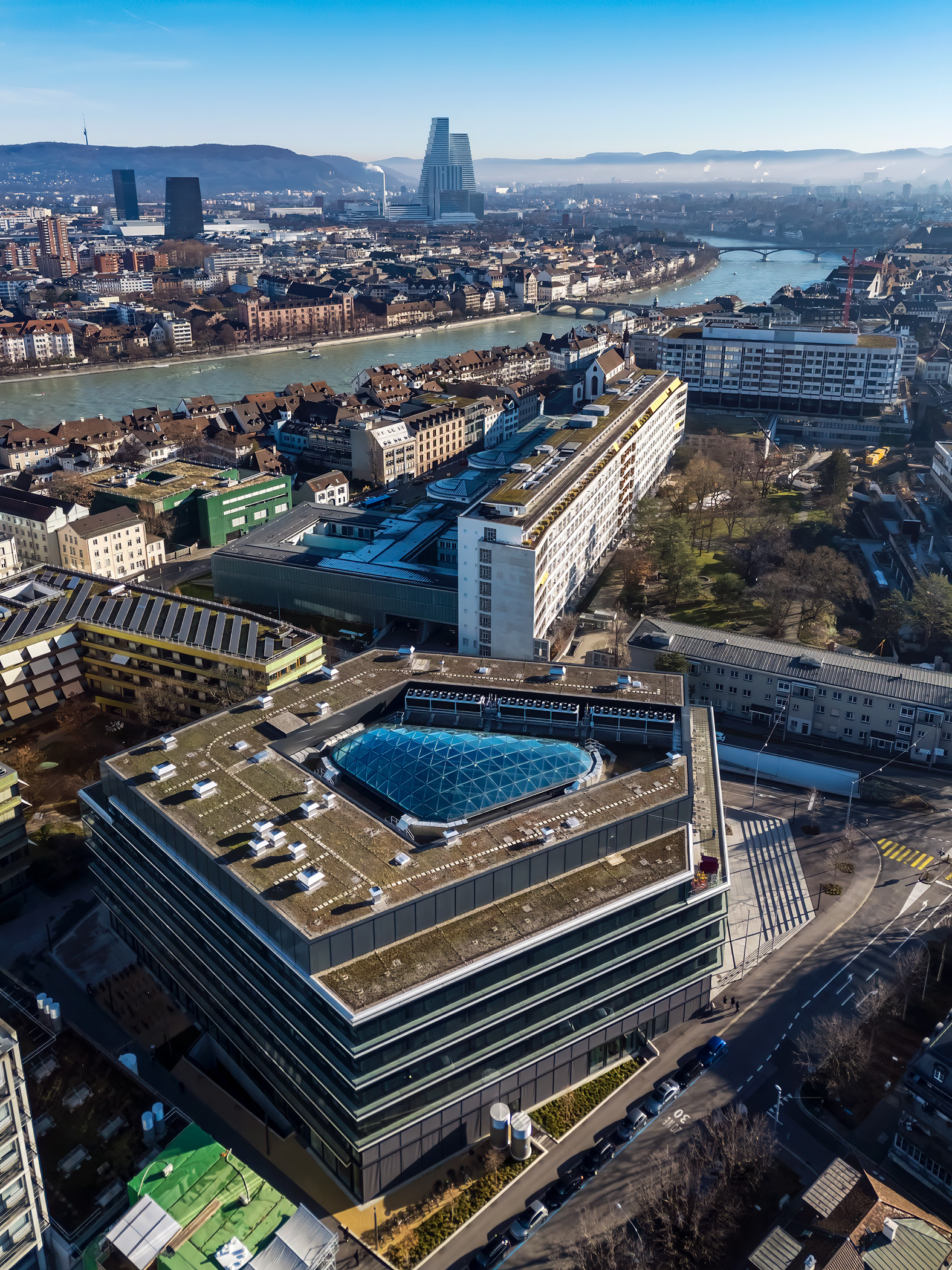BSS building, with the Rhine and the city of Basel visible in the background.