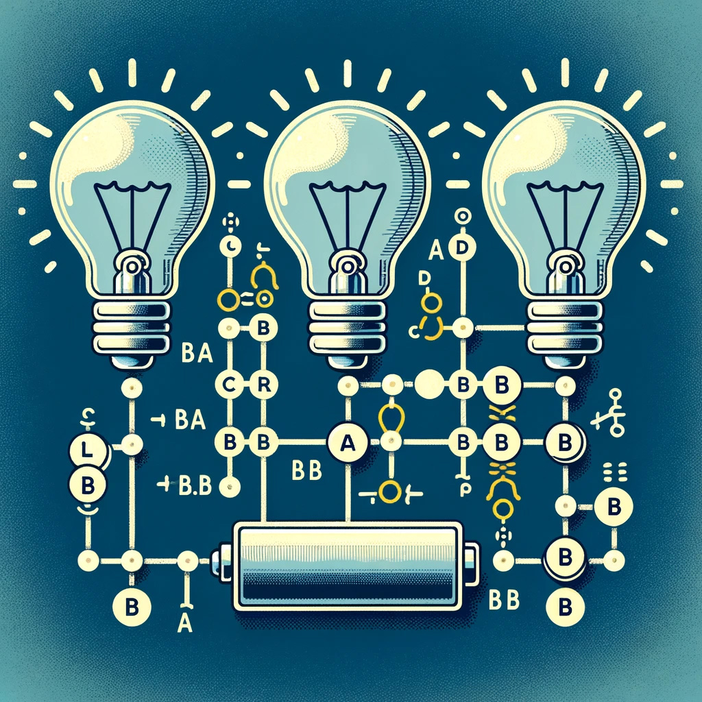 Stylish but unhelpful circuit diagram of three light bulbs and one battery