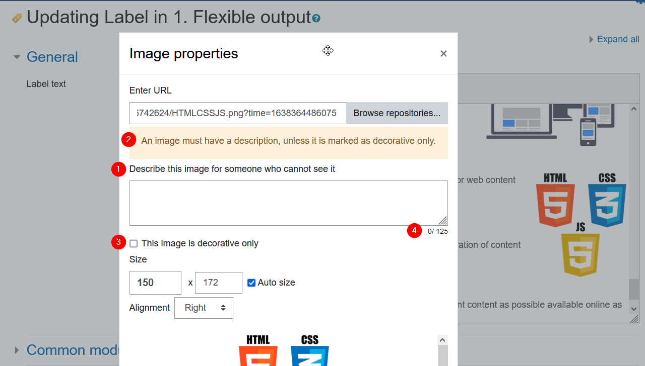 Screenshot of the image properties overlay of the Moodle editor