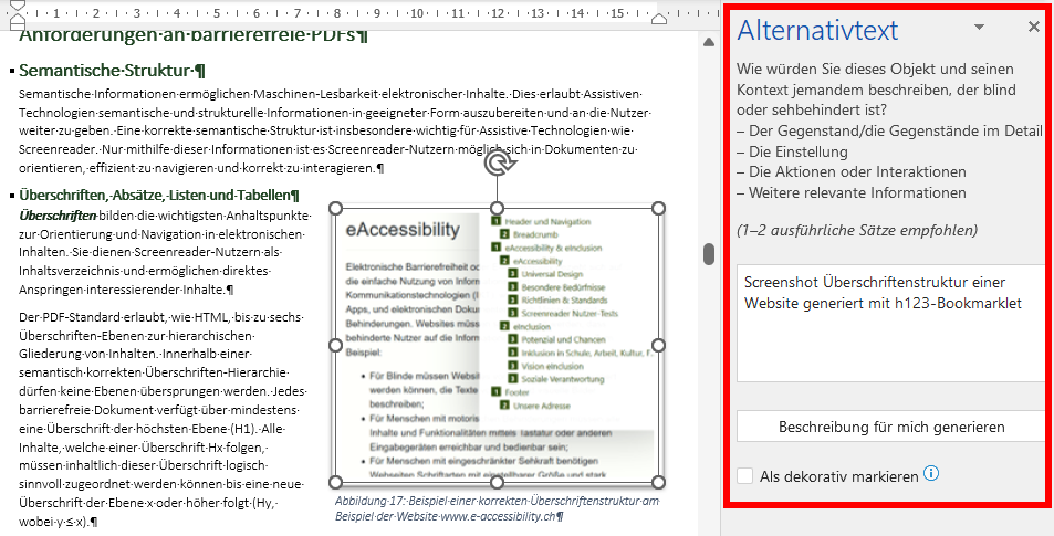 Screenshot Alternativ-Text tool in MS Word
