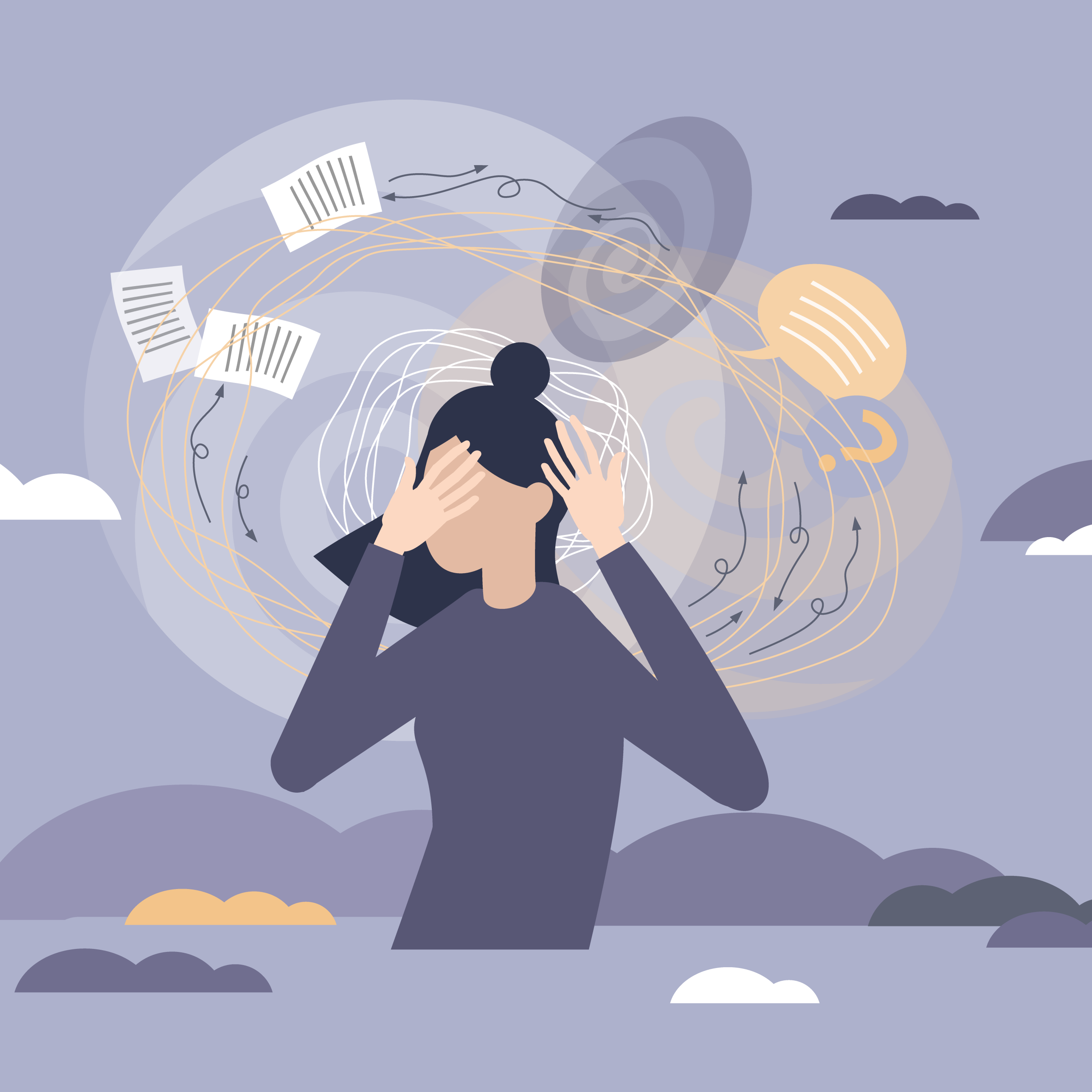 Enlarged view: Illustration of a woman surrounded by a vortex of thoughts.