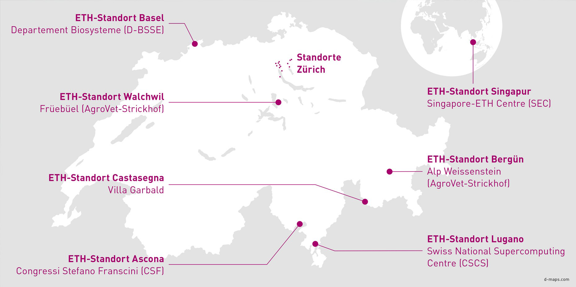 Vergrösserte Ansicht: Karte mit den verschiedenen ETH-Standorten in der Schweiz und in Singapur