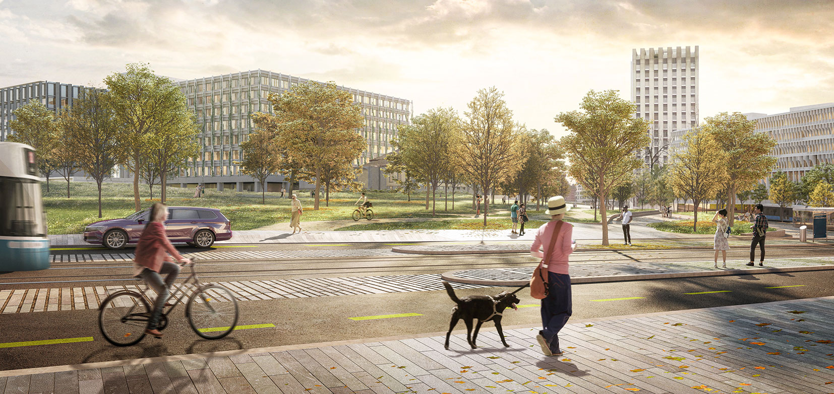 Vergrösserte Ansicht: Blick über den künftigen Gloriapark zum neuen Spital USZ Campus MITTE1. (Visualisierung: Atelier Brunecky)