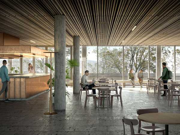 Die Cafeteria im Mensa- und Mehrzweckgebäude unter der Polyterrasse wird neu und transparenter gestaltet. (Visualisierung: MM Krucker Ghisleni)