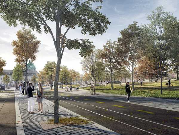 Der Gloriapark, die Parkschale und die Strassen werden zu einem Stadtraum verbunden. (Visualisierung: Atelier Brunecky)