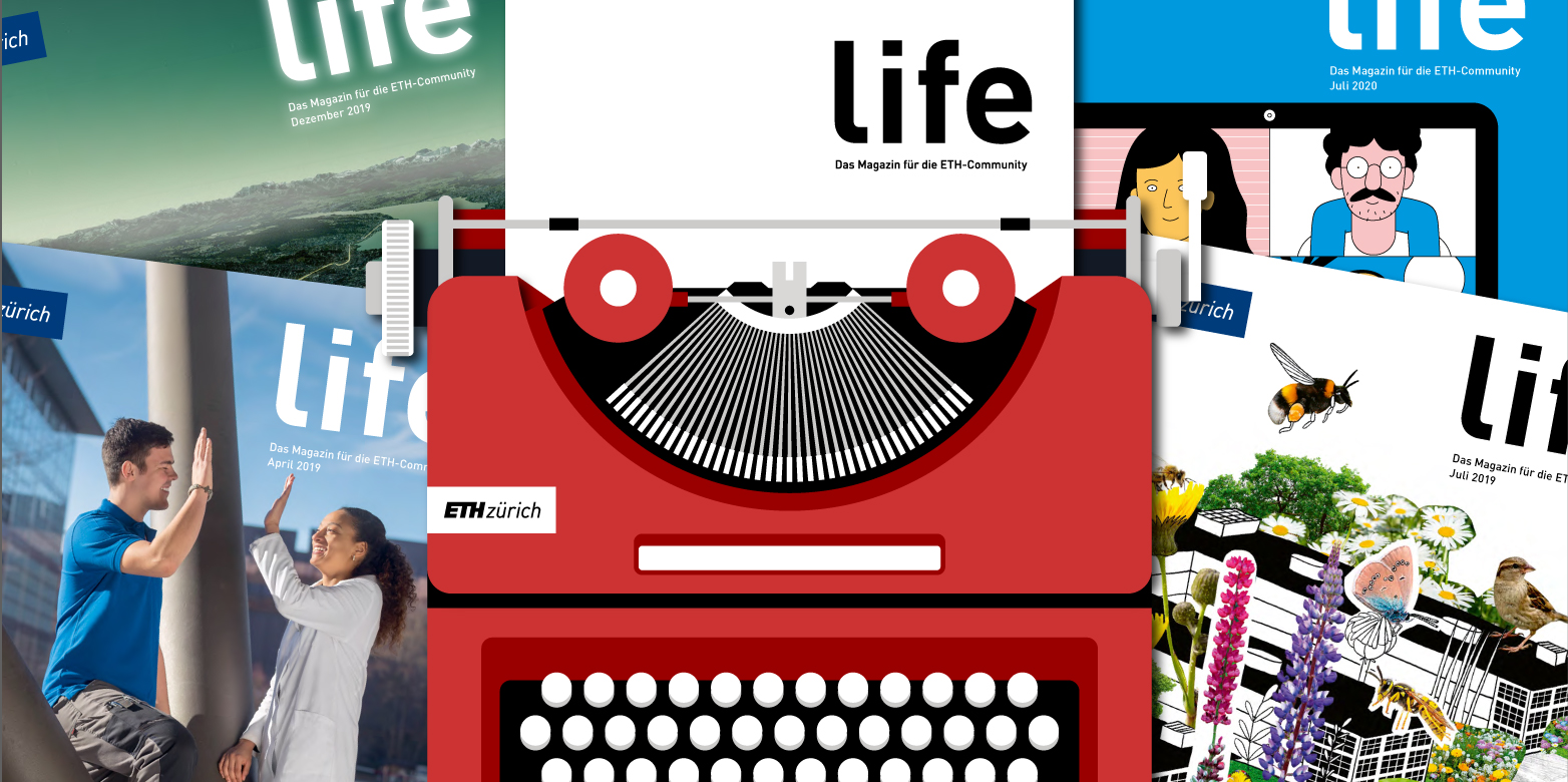 Illustration mit Schreibmaschine und Covern des life-Magazins