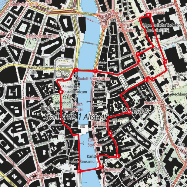 Vergrösserte Ansicht: Stadtplan von Zürich, darauf eingezeichnet eine Spazierrunde der Limmat entlang.