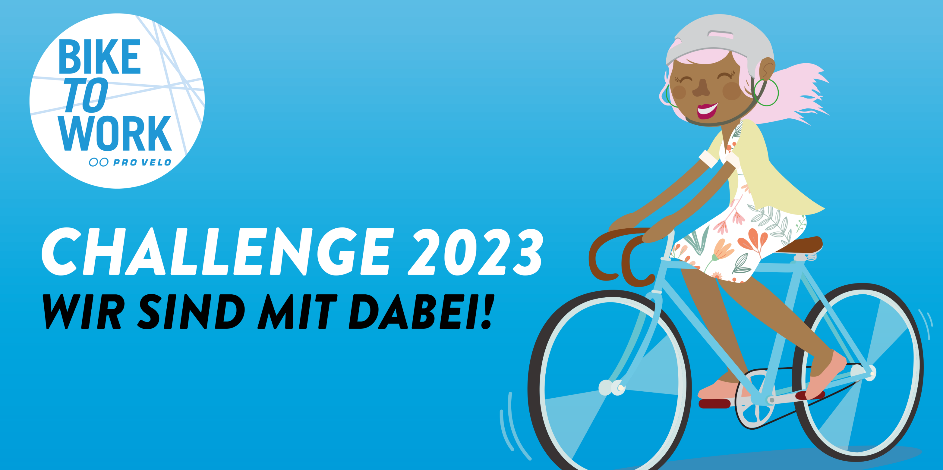 Challenge 2023 wir sind mit dabei! Bike To Work. Illustration Frau auf Fahrrad.