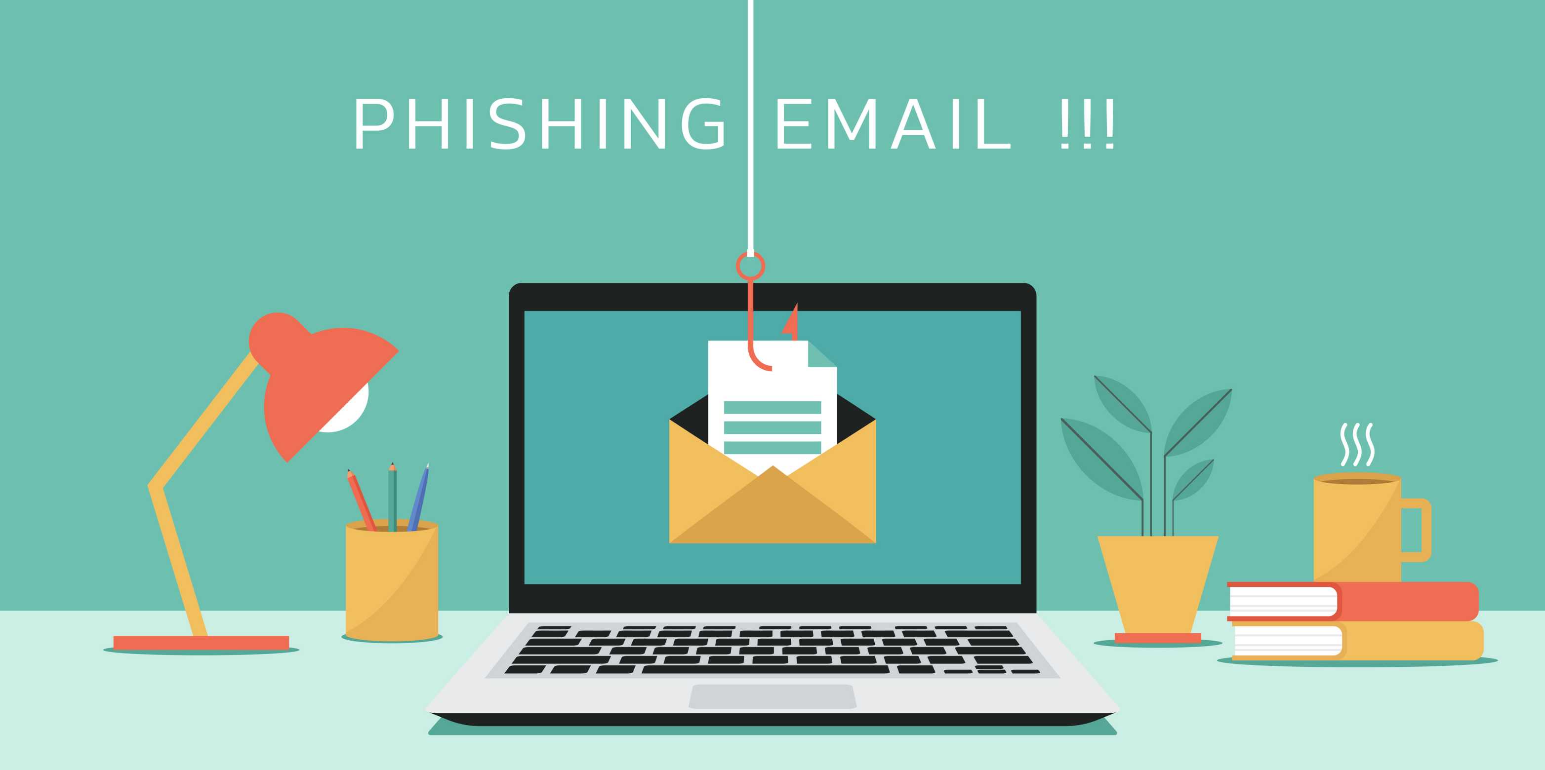 Illustration Phishing Email, eine Email hängt ein einem Angelhaken in einen Laptop rein