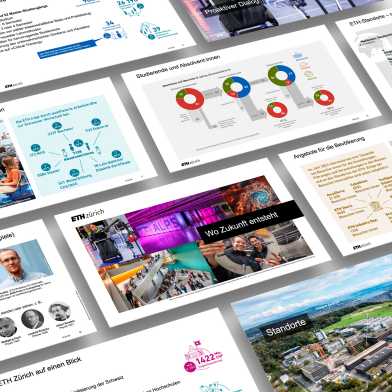 Verschiedene Powerpoint-Folien nebeneinander. Sie zeigen Inhalte wie «Angebote für die Bevölkerung», «Standorte», «Die ETH Zürich auf einen Blick» und «Innovative Lehre und Absolvent:innen» mit Grafiken, Fotos und Texten.