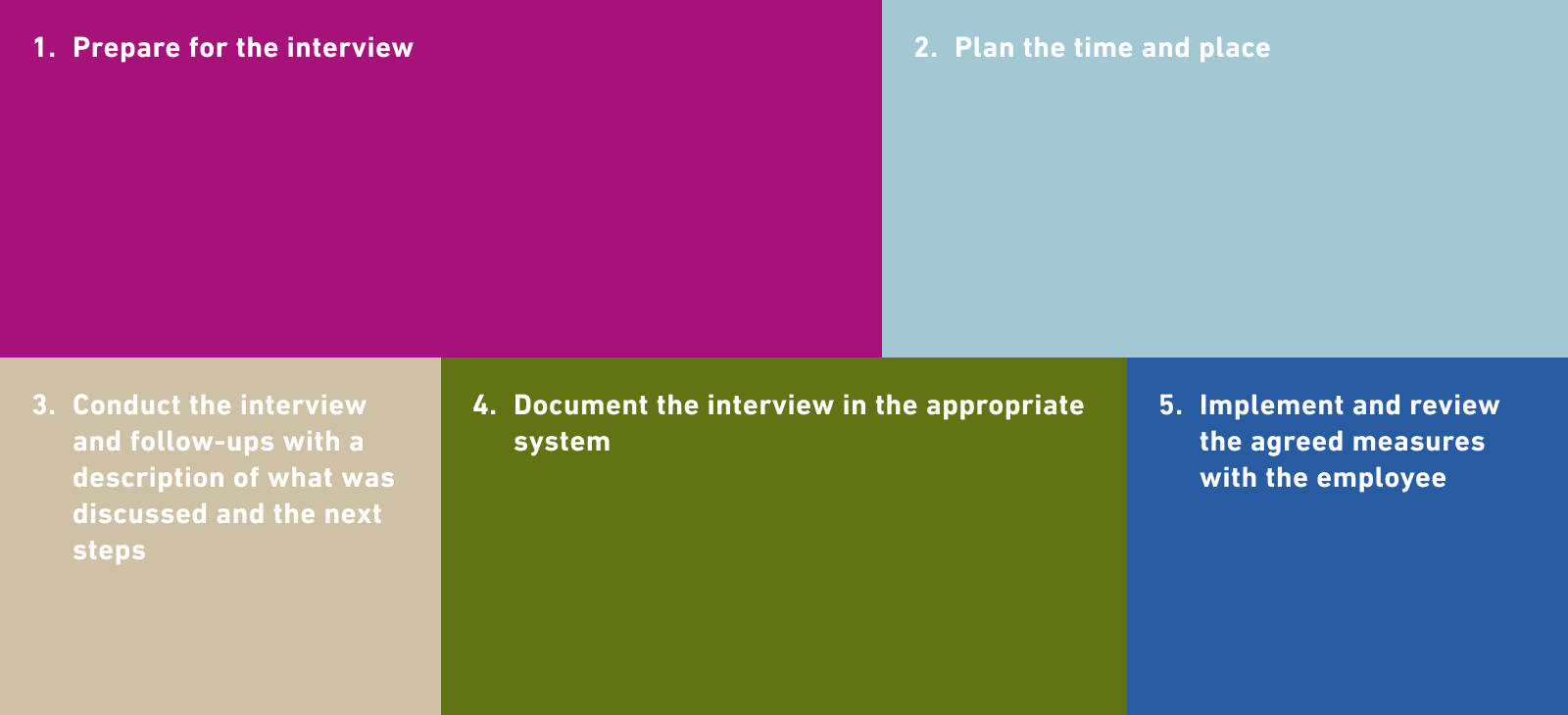 1. Prepare for the interview 2. Schedule the time and venue 3. Conduct the interview and follow-ups with a description of what was discussed and the next steps 4. Document the interview in the appropriate system 5. Implement and review the agreed measures with the employee